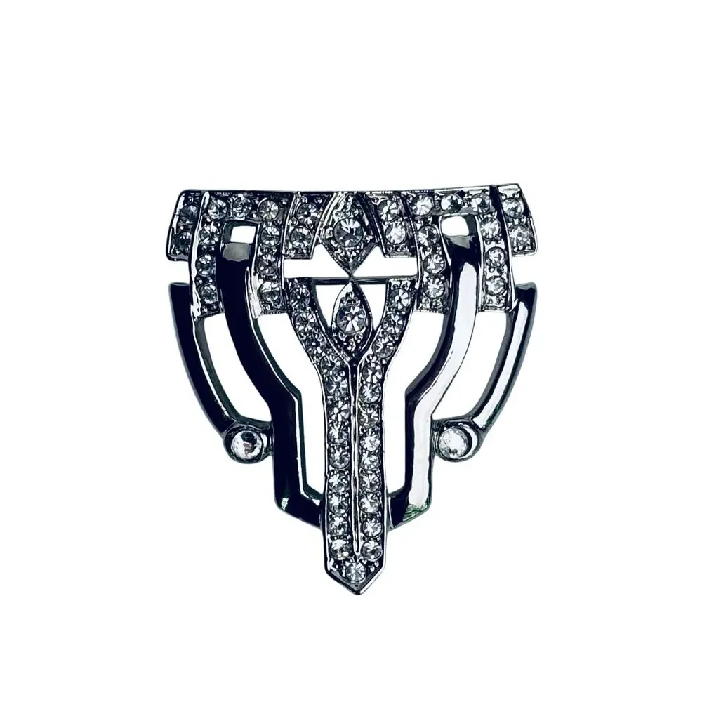 Vintage Silver Tone and Crystal Brooch Pin Art Deco Style 1950's 1.5 in x 2 in
